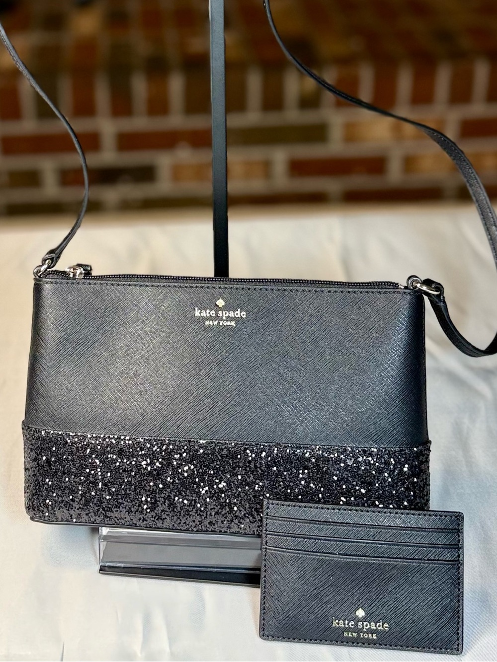 NWOT Kate Spade Black Glitter-Accent Crossbody with card holder